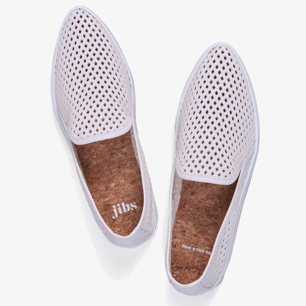 Jibs Slim Soft White Perforated Leather Biodegradable Slip On Sneaker Cork Sole